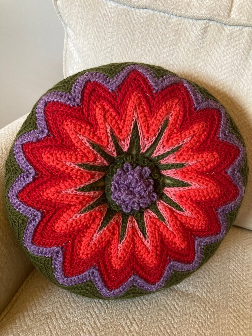 Handmade Crochet Flower Pillow Round Colorful Decorative Accent Cushion - Picture 3 of 3